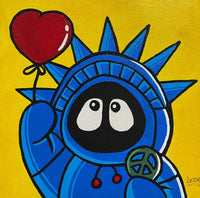 Painting of Hoodie Boy as the Statue of Liberty with a heart balloon and peace symbol, with a yellow background.