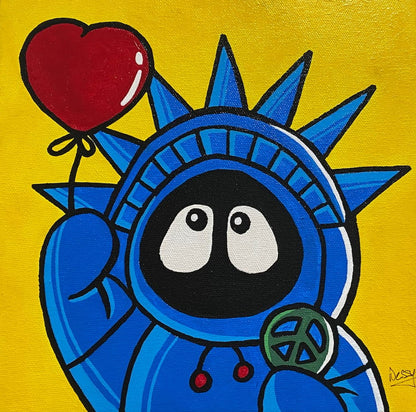Painting of Hoodie Boy as the Statue of Liberty with a heart balloon and peace symbol, with a yellow background.