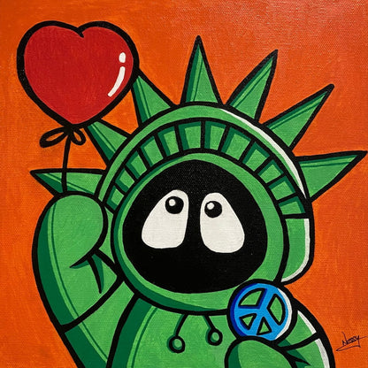 Painting of Hoodie Boy as the Statue of Liberty with a heart balloon and peace symbol, with an orange background.