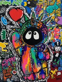 Colorful painting depicting Hoodie Boy as the Statue of Liberty with a heart balloon and peace symbol surrounded by iconic images.