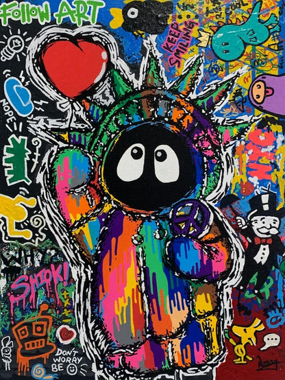 Colorful painting depicting Hoodie Boy as the Statue of Liberty with a heart balloon and peace symbol surrounded by iconic images.