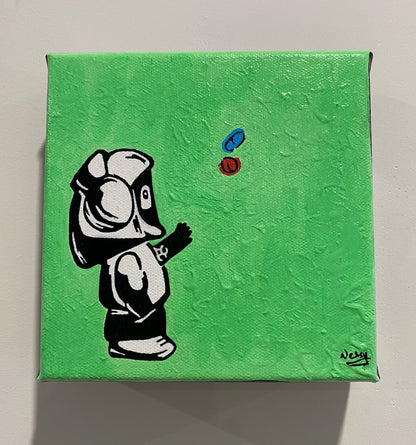 Painting of Hoodie Boy reaching for pills with a green background, on a white wall.