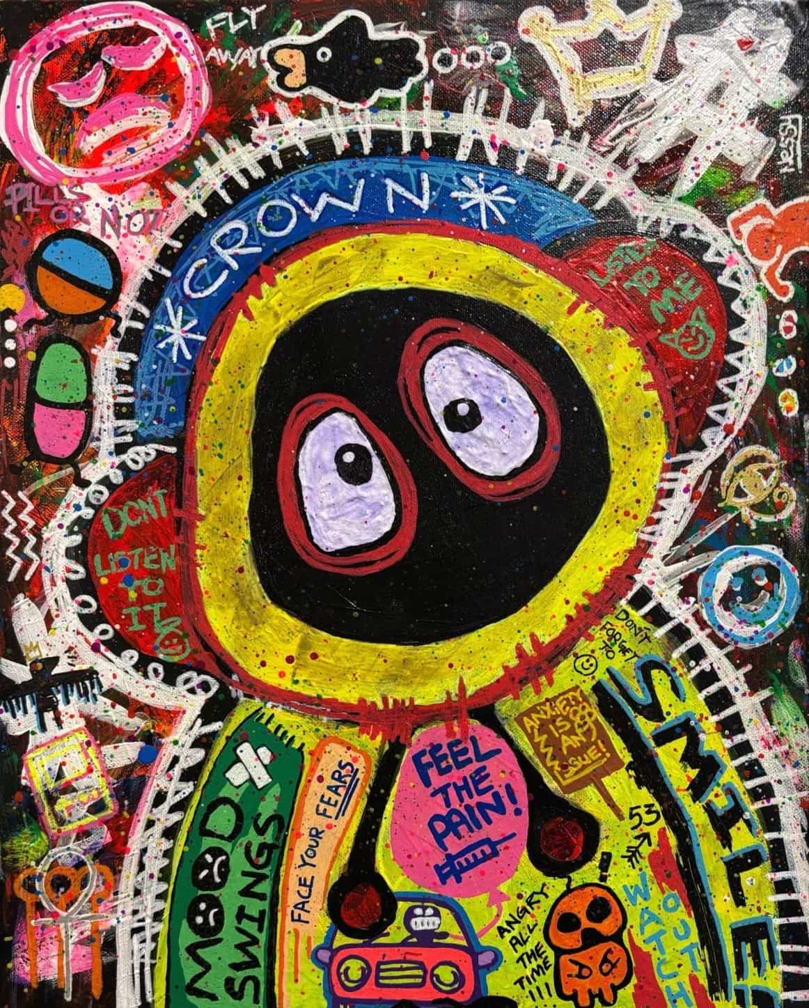 Colorful painting of Hoodie Boy in a Basquait style surrounded by various text and symbols.