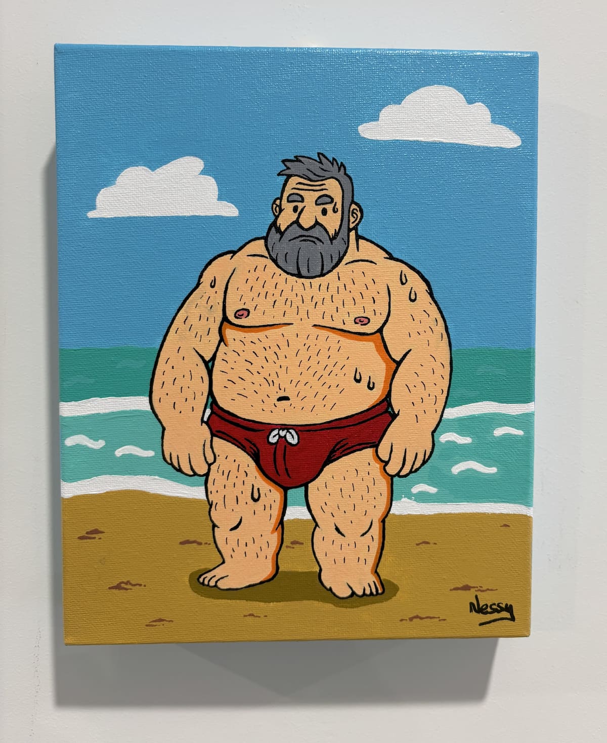 Front-facing beach brute—sweaty cartoon figure in red speedo, silver beard and exaggerated build under blue skies and turquoise surf. Acrylic canvas, 8x10in from Nessy Pop Art.