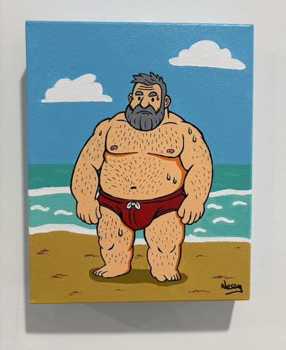 Front-facing beach brute—sweaty cartoon figure in red speedo, silver beard and exaggerated build under blue skies and turquoise surf. Acrylic canvas, 8x10in from Nessy Pop Art.