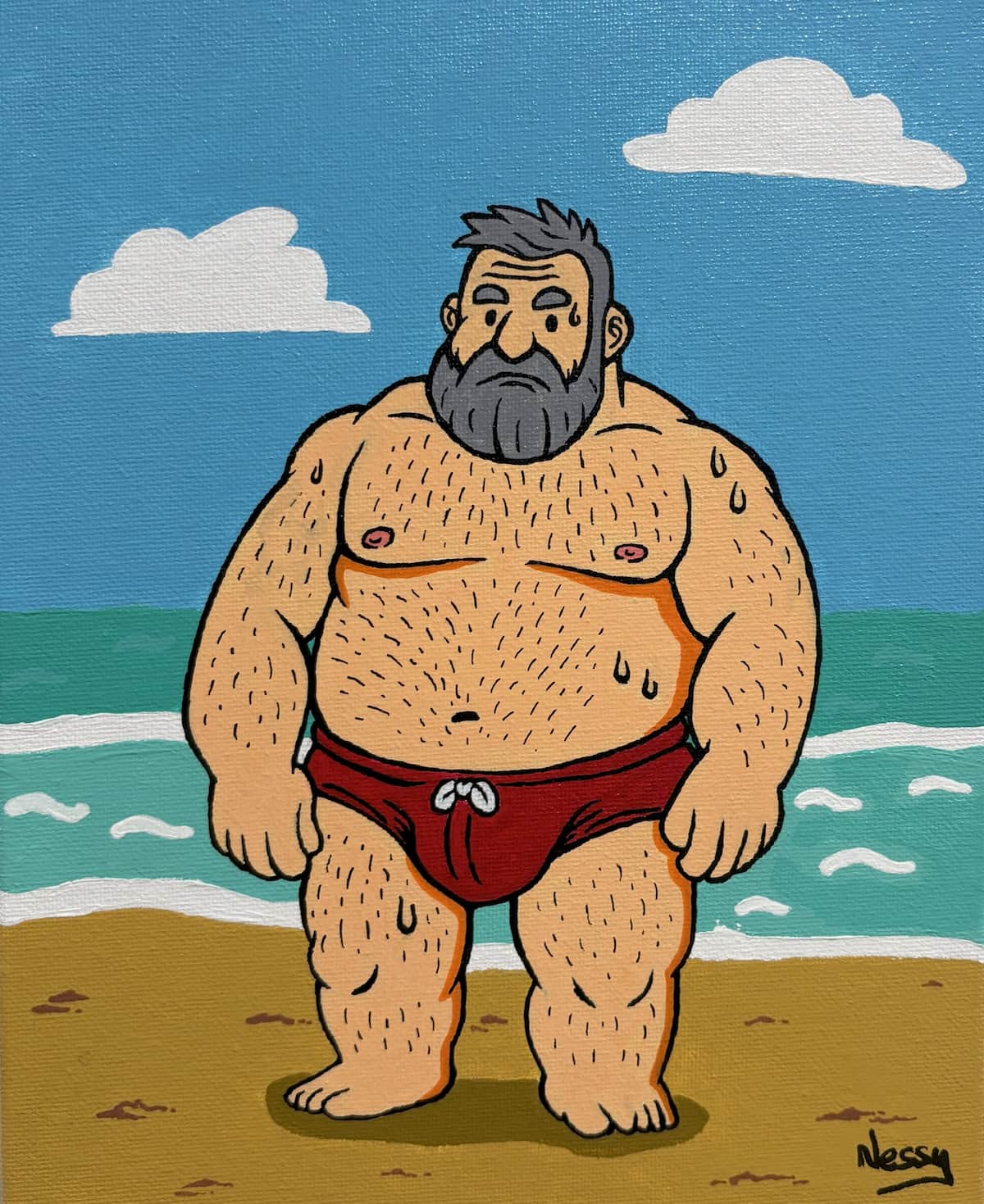 Sun-drenched beach brute—sweaty cartoon figure in red speedo, silver beard blazing under blue skies and foamy surf. Acrylic canvas, 8x10in from Nessy Pop Art.