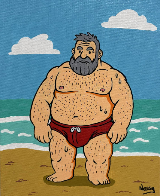 Sun-drenched beach brute—sweaty cartoon figure in red speedo, silver beard blazing under blue skies and foamy surf. Acrylic canvas, 8x10in from Nessy Pop Art.