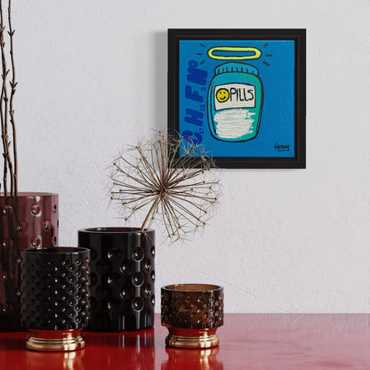 Framed artwork of a jar labeled 'Pills' on a wall above decorative vases.