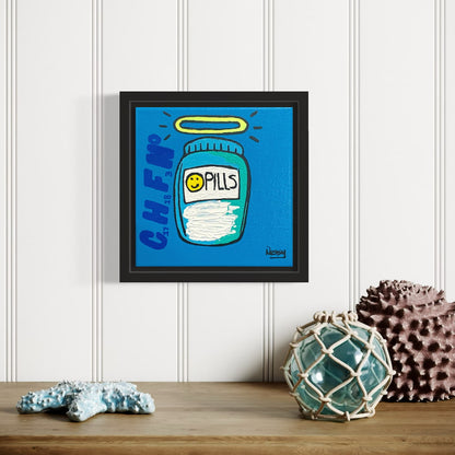 Framed artwork of a pill bottle on a wall with decorative objects below