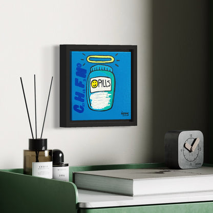 Framed artwork of a pill bottle with a blue background on a shelf.