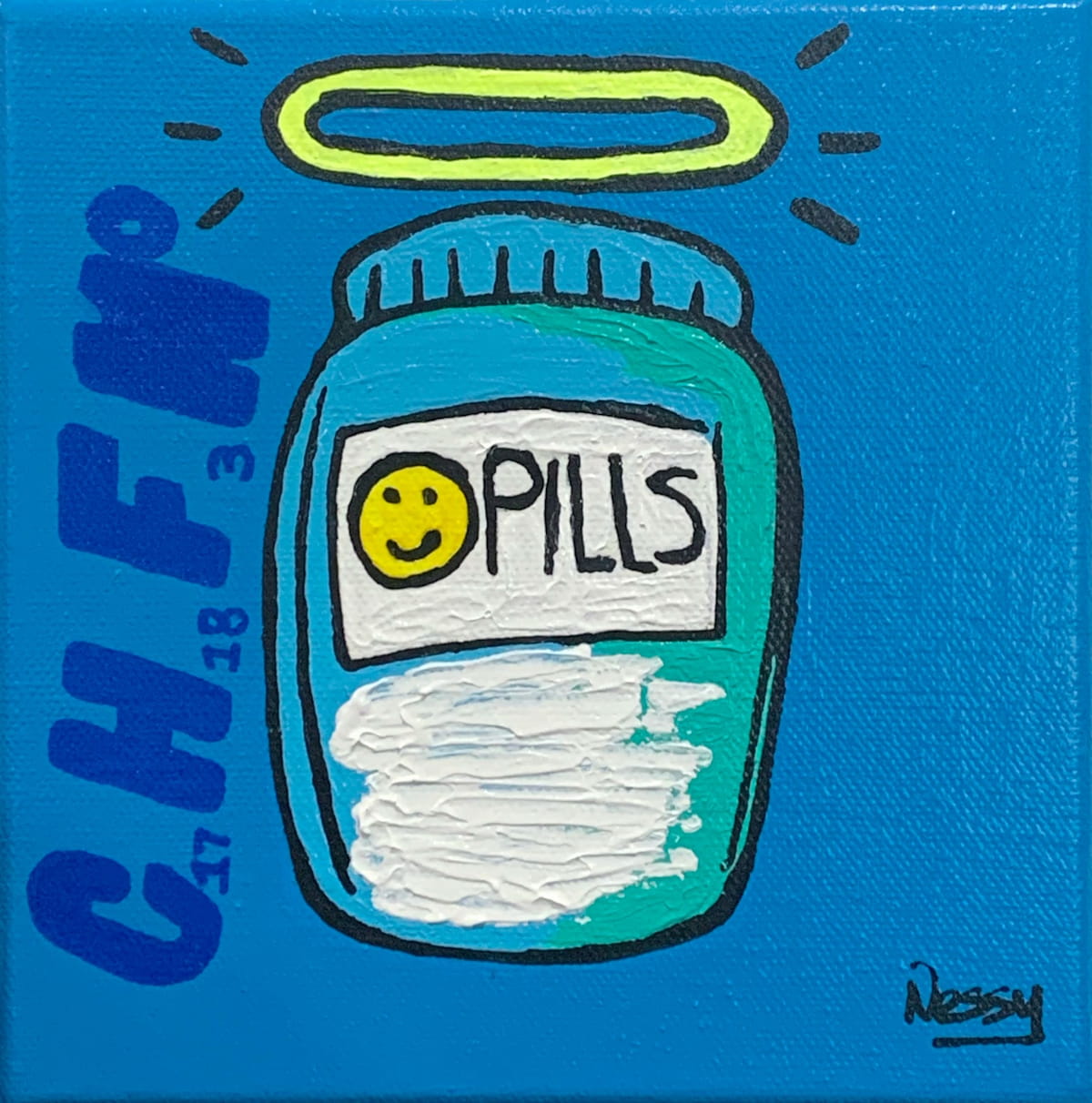 Illustration of a pill bottle labeled 'PILLS' with a smiley face on a blue background.