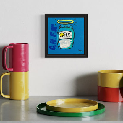 Colorful mugs and a framed artwork of a pill bottle on a white wall