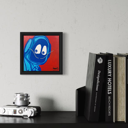 Framed painting of Hoodie Boy dressed as Salvadore Dali, placed above books and a camera on a shelf.