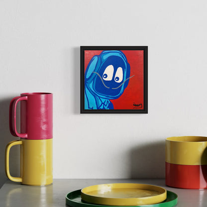 Colorful mugs and a framed abstract painting of Hoodie Boy dressed as Salvadore Dali on a wall.