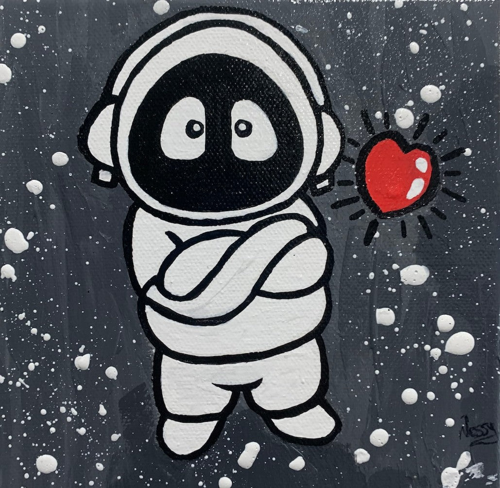 Painting of Hoodie Boy, arms folded, with a floating heart.