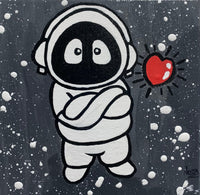 Painting of Hoodie Boy, arms folded, with a floating heart.