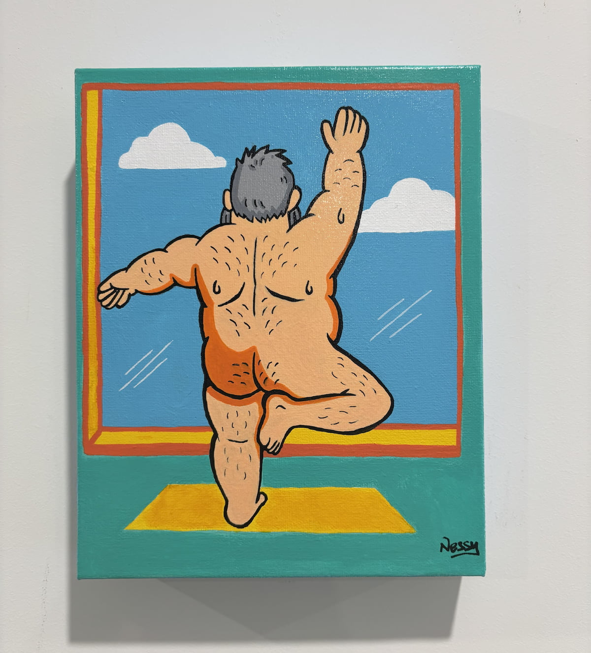 Graceful yoga pose on yellow mat—silver-haired figure in orange briefs balancing before ocean-view window, arm raised in playful calm. Acrylic canvas, 8x10in from Nessy Pop Art.