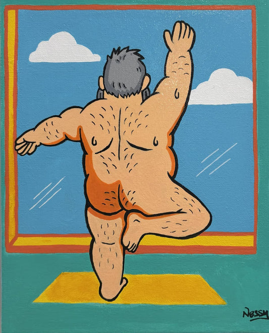 Bold yoga pose on sunny mat—quirky nude figure with silver hair and cheeky charm, framed by dreamy clouds and pop-orange window trim. Acrylic canvas, 8x10in from Nessy Pop Art.