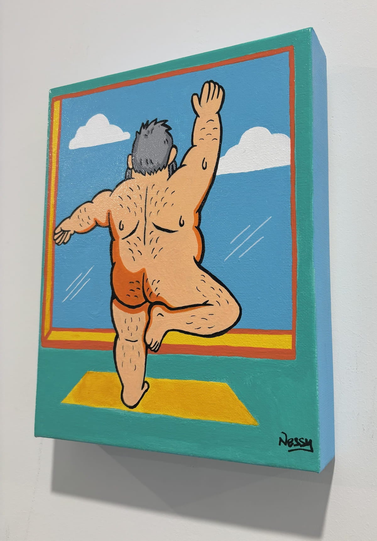 Playful leap by nude silver-haired figure—back view in dynamic pose against dreamy ocean vista and cloud-framed window. Acrylic canvas, 8x10in from Nessy Pop Art.