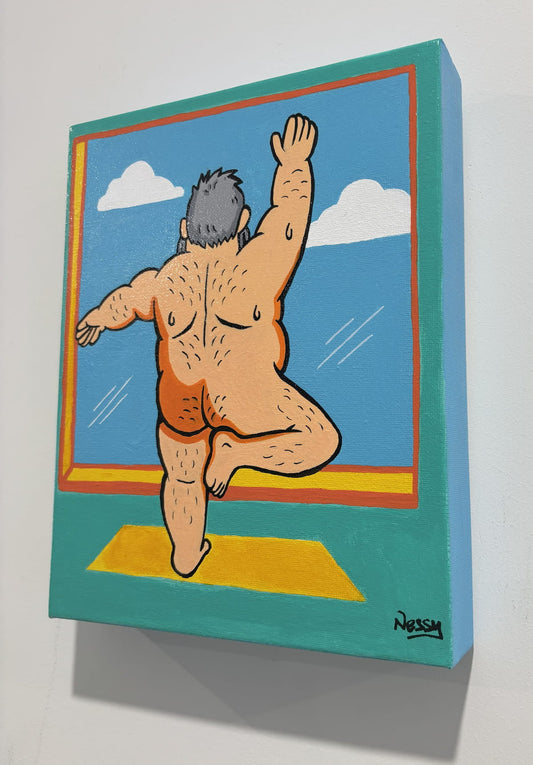 Playful leap by nude silver-haired figure—back view in dynamic pose against dreamy ocean vista and cloud-framed window. Acrylic canvas, 8x10in from Nessy Pop Art.