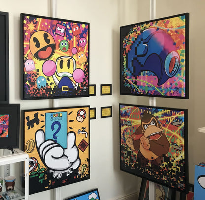 Colorful framed artworks on a gallery wall
