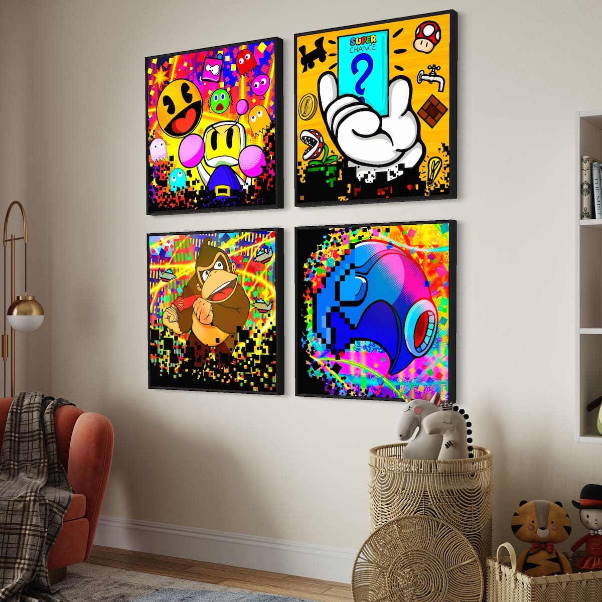 Colorful retro gaming wall art prints on a wall in a room.