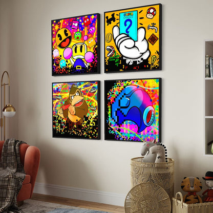 Colorful wall art prints of retro gaming characters on a wall in a room.