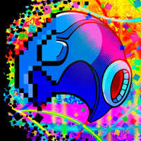 Colorful abstract design of Mega Man old and new.