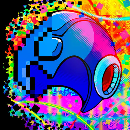 Colorful abstract design of Mega Man old and new.
