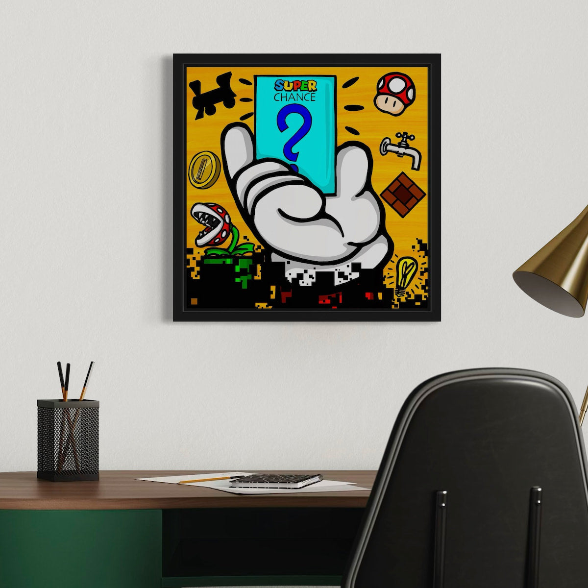 Colorful artwork with a mashup of Monopoly and Super Mario, above a desk.