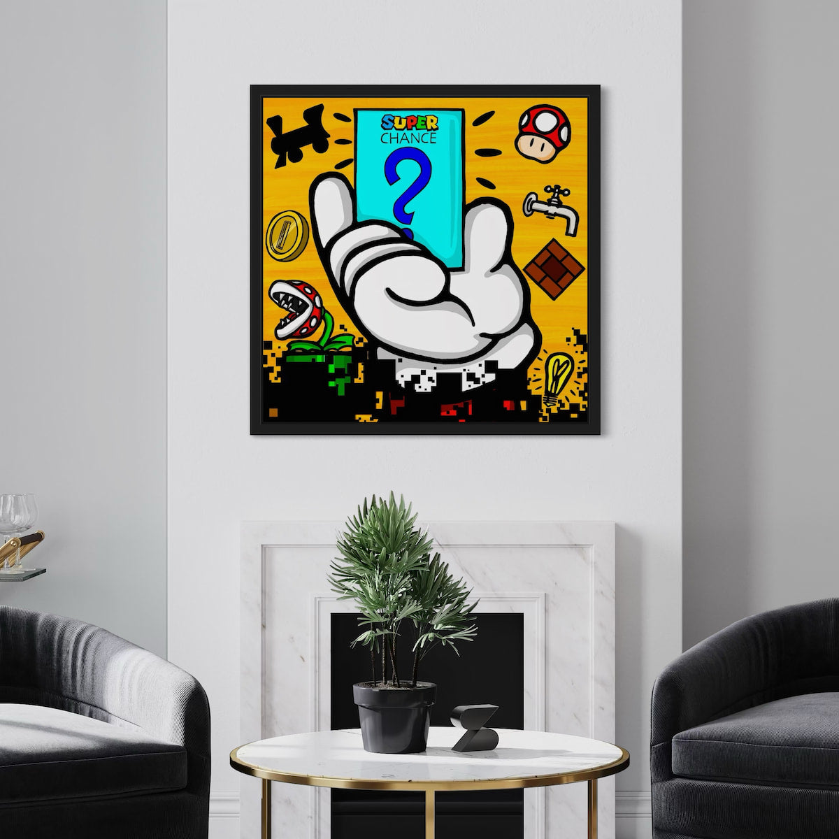 Colorful artwork with a mashup of Monopoly and Super Mario, on a wall above a round table with a plant and decor items.