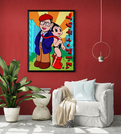 Framed artwork of Astro Boy and his creator Osamu Tezuka in a Pretty Woman pose, on a red wall above a white armchair with decorative pillows.