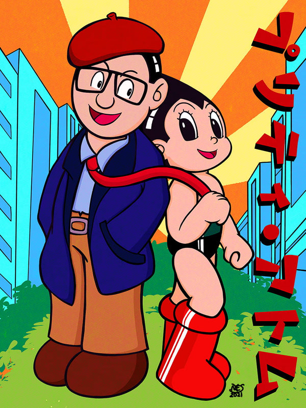 Colorful artwork of Astro Boy and his creator Osamu Tezuka in a Pretty Woman pose.