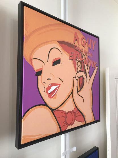Framed artwork of Columbia from Rocky Horror with text on a purple background
