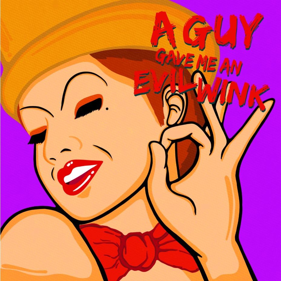 Character of Columbia from Rocky Horror with a gold hat and red bow, making an 'evil wink' gesture on a purple background with text.