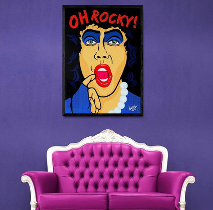 Framed artwork portrait of Frank-n-furter from Rocky Horror, and 'OH ROCKY!' text above a purple sofa.