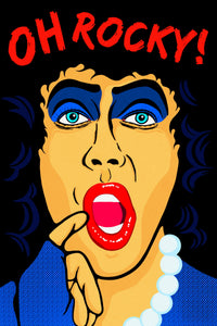 Stylized portrait of Frank-n-furter from Rocky Horror, with 'OH ROCKY!' text at the top.