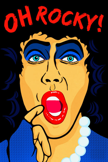Stylized portrait of Frank-n-furter from Rocky Horror, with 'OH ROCKY!' text at the top.