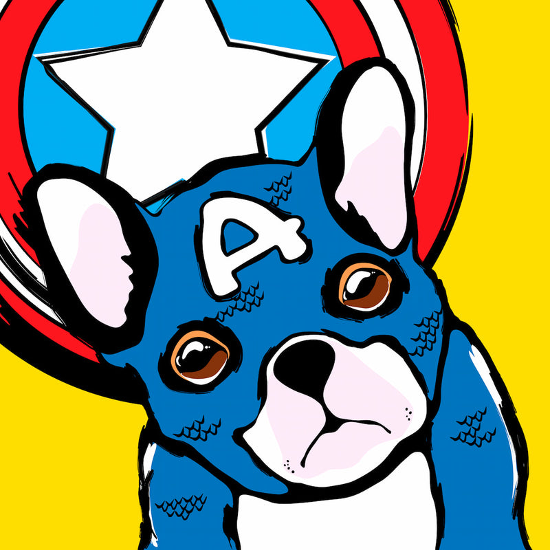 Blue bulldog with Captain America emblem on a yellow background