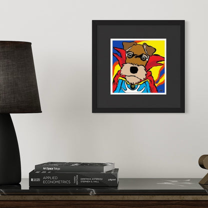 Framed artwork of a dog dressed as Dr Strange on a wall above books.