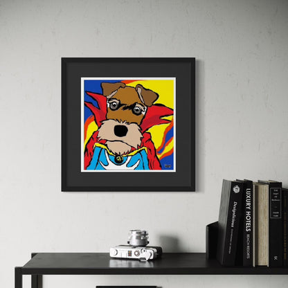 Framed artwork of a dog dressed as Dr Strange on a wall above a shelf with books and a camera.