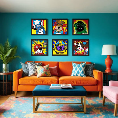 Living room with an orange sofa, colorful artwork of dogs dressed as superheroes on the wall, and a blue ottoman.