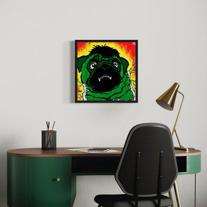 Modern office setup with a desk, chair, and lamp, featuring a colorful framed artwork of a green pug dog as The Incredible Hulk with fiery background on the wall.