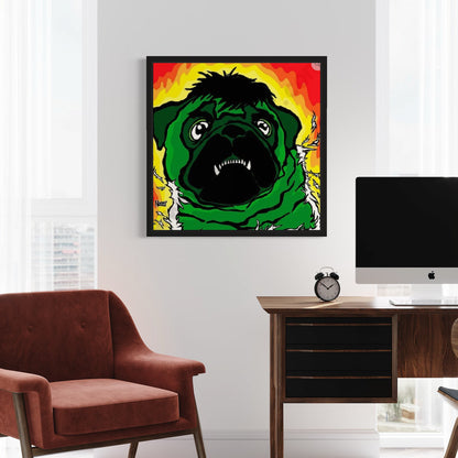 Framed colorful artwork of a green pug dog as The Incredible Hulk with fiery background on a wall above a desk with a computer monitor.