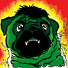 Green pug dog as The Incredible Hulk with fiery background