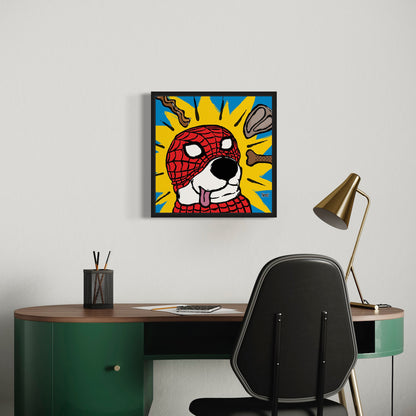 Colorful abstract art piece of a dog wearing Spider-Man mask on a wall above a desk with a chair and lamp.