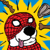 Dog wearing a Spider-Man costume with a colorful background