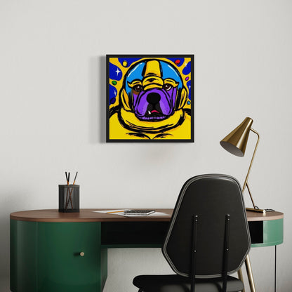 Colorful framed artwork of a bulldog dressed as Thanos on a wall above a desk with a chair and lamp.