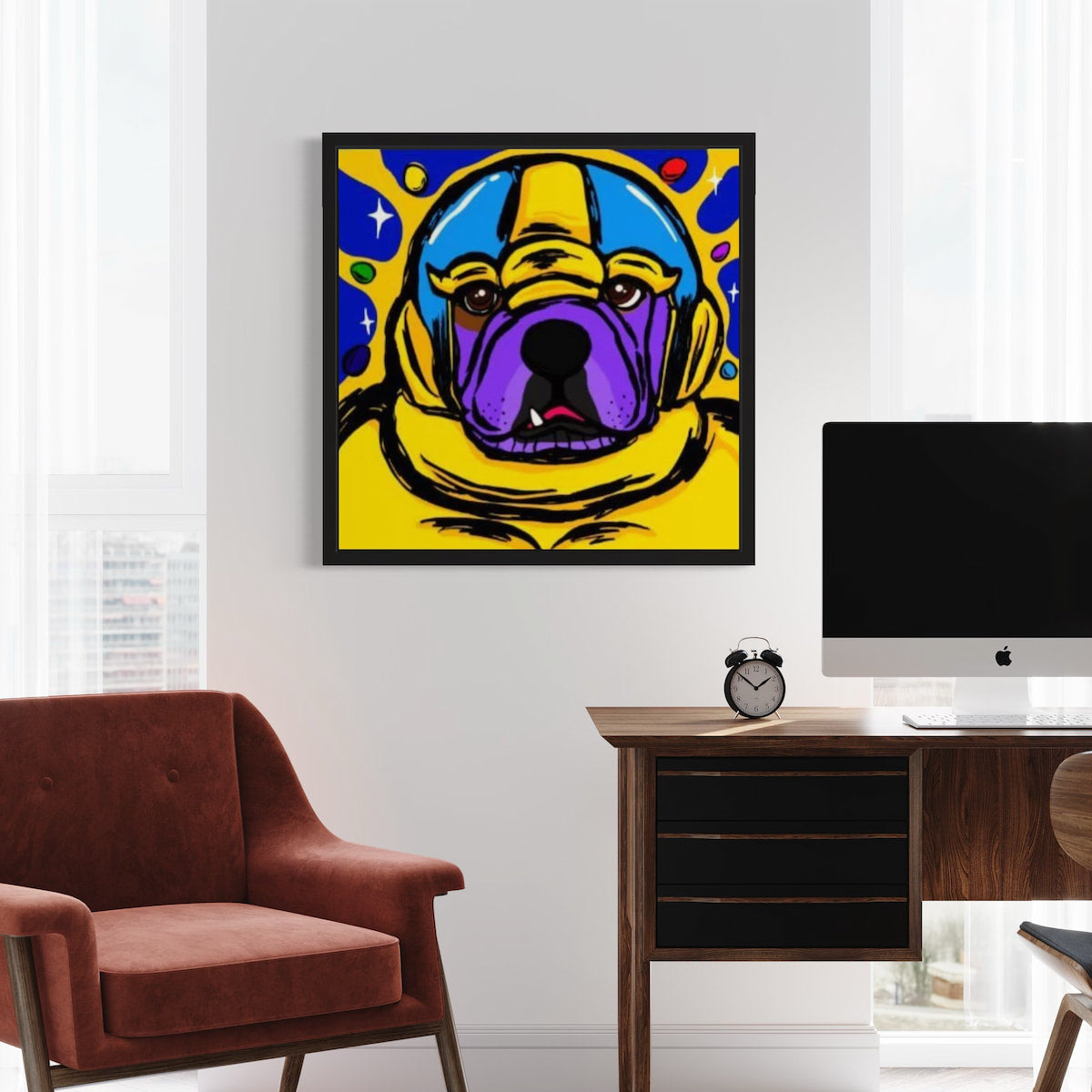 Colorful bulldog dressed as Thanos framed artwork on a wall above a desk with a computer monitor.
