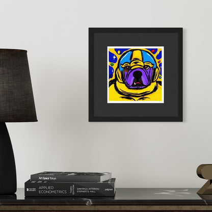 Framed colorful artwork of a  bulldog dressed as Thanos on a wall above books with a lamp to the left.